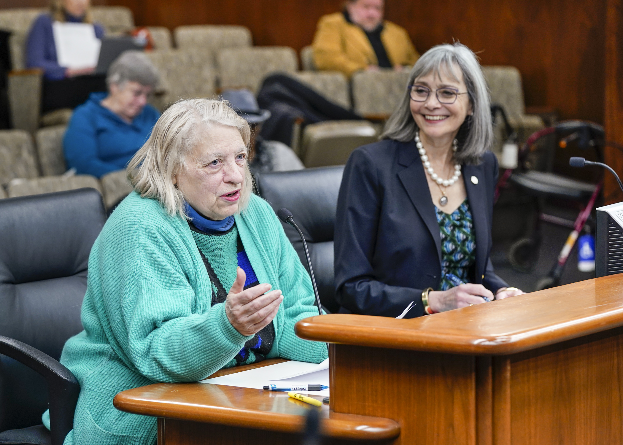 Louise Sundin, a member of the AFL-CIO Retiree Council, testifies before the House State and Local Government Finance and Policy Committee Feb. 7 in support of HF979, sponsored by Rep. Ginny Klevorn, right. (Photo by Catherine Davis)